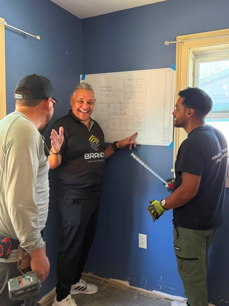 Team coordinating around a floor plan on site